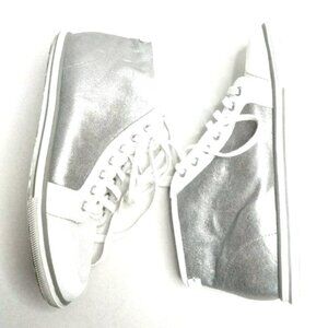 Elie Tahari High Top Sneakers  8 Silver Metallic White Leather